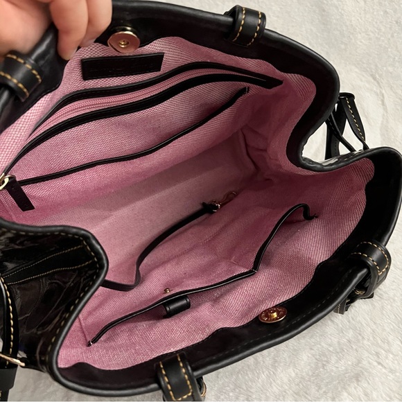 Dooney and Bourke Croco Purple Embossed Double Strapped Tassel Bag - Picture 12 of 13